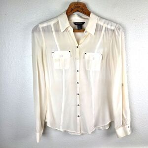 White House Black Market Cream Silk Button Down Roll Tab Blouse Size 06/Small